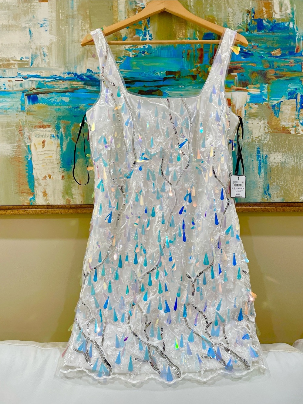 NWT LAUNDRY Shelli Segal white spangle shimmer bejeweledshift mesh square neck10
